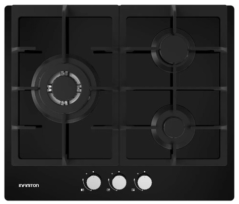 Placa de Gas Infiniton GG-331 - 3 Zonas, Cristal Negro, Gas Butano